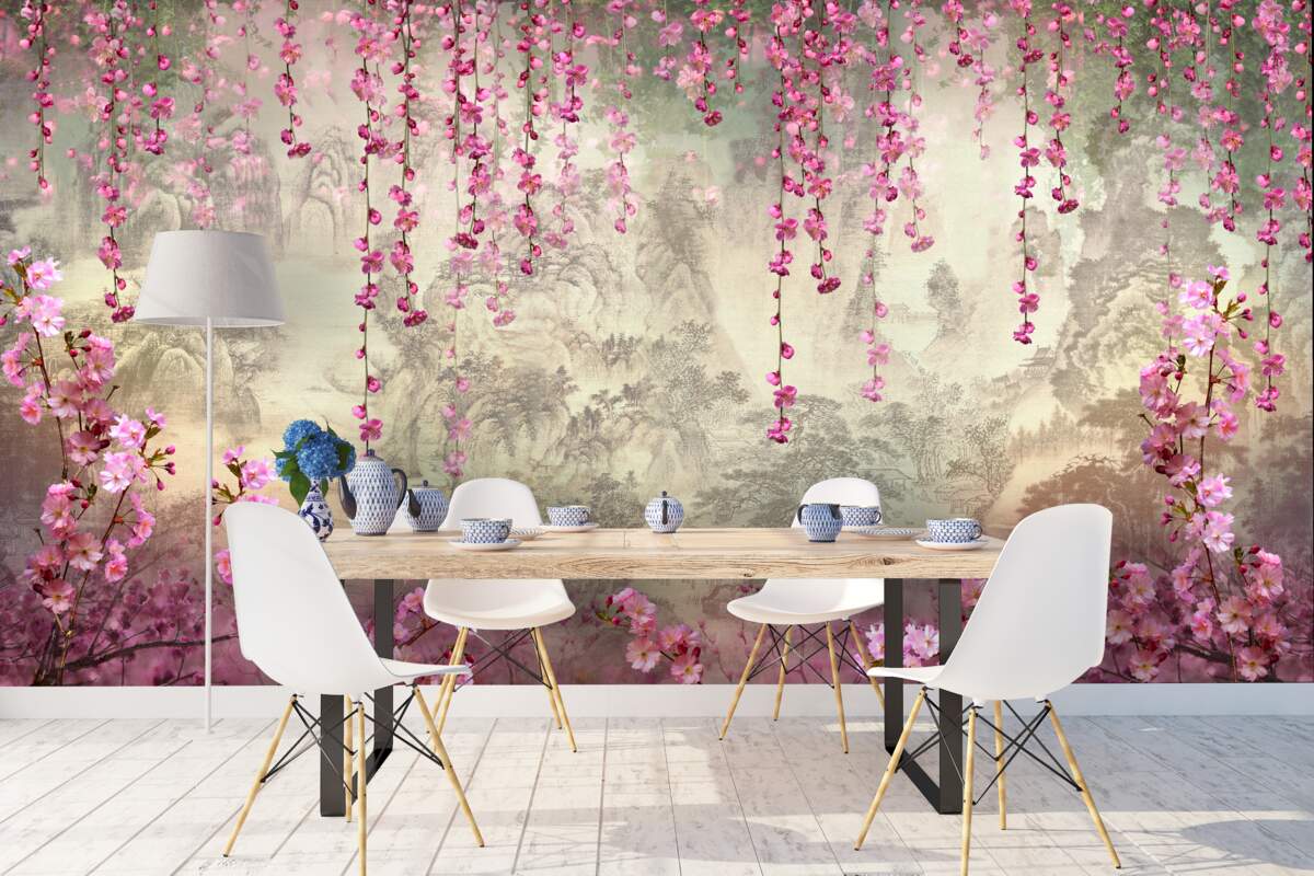 Fototapet flori roz care cad în apă de sus în jos