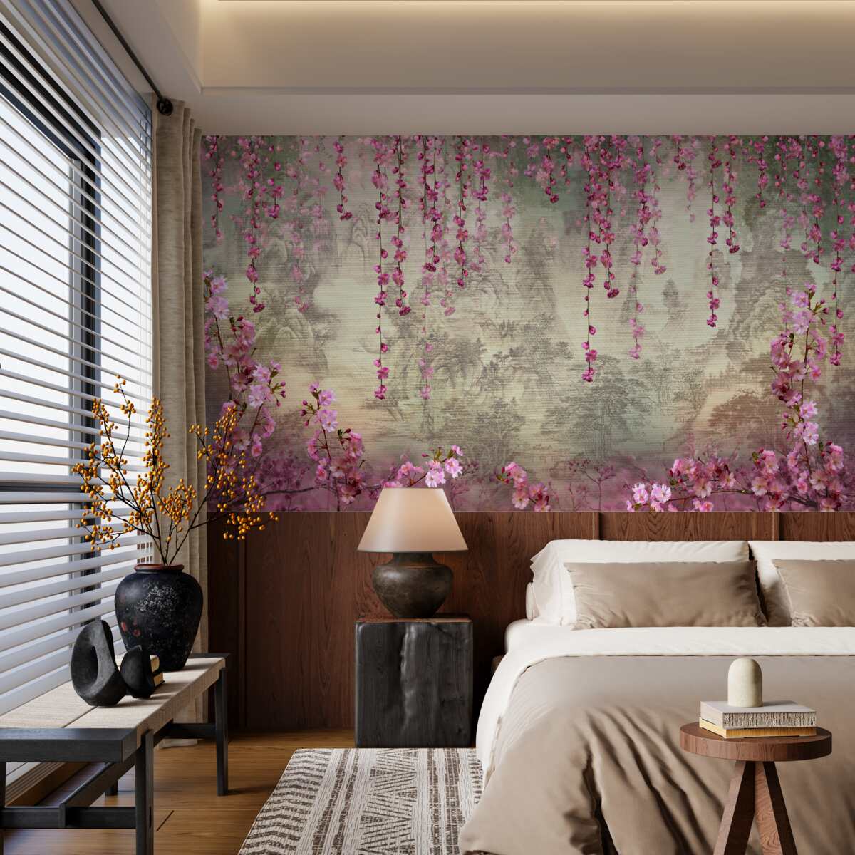 Fototapet flori roz care cad în apă de sus în jos