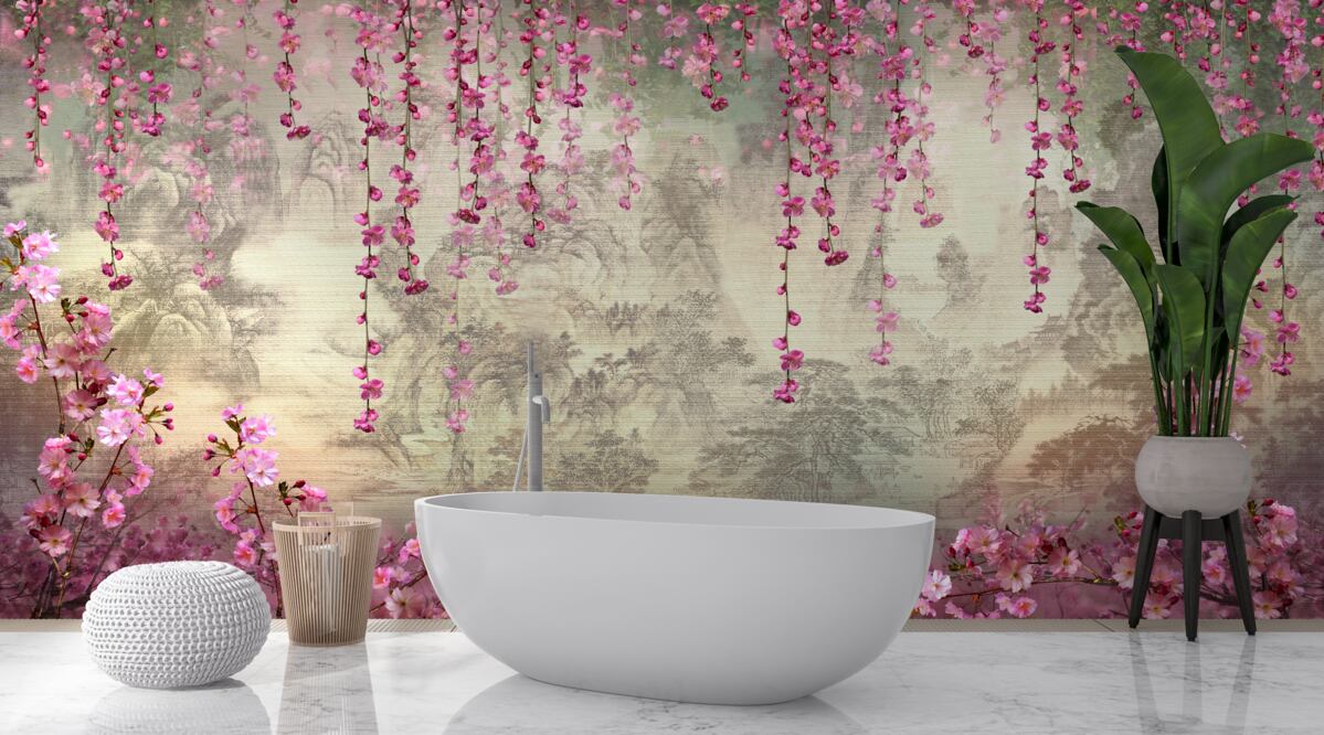 Fototapet flori roz care cad în apă de sus în jos