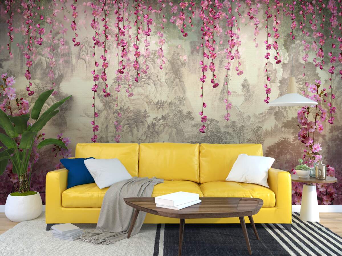 Fototapet flori roz care cad în apă de sus în jos