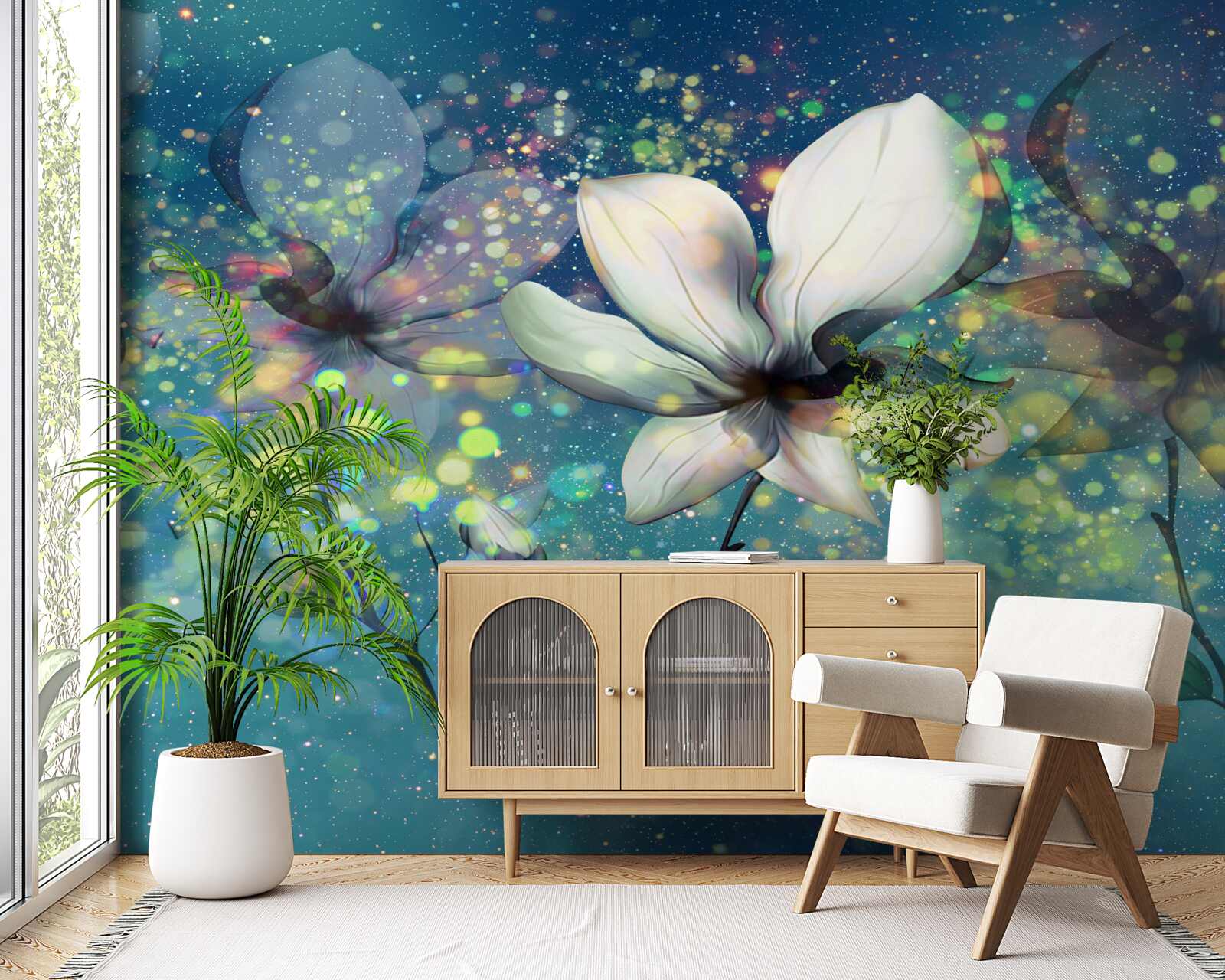 Fototapet o floare albă într-o noapte presărată cu stele