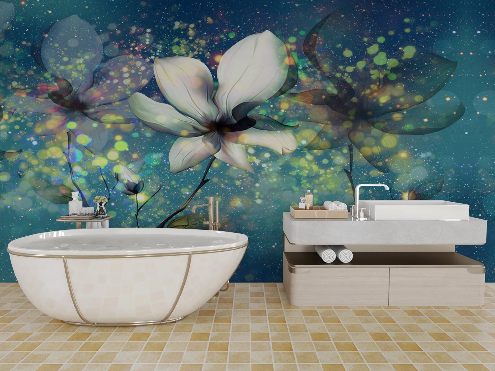 Fototapet o floare albă într-o noapte presărată cu stele