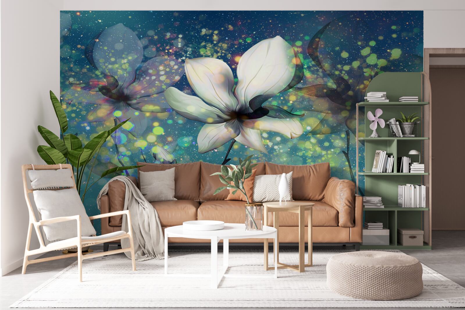 Fototapet o floare albă într-o noapte presărată cu stele