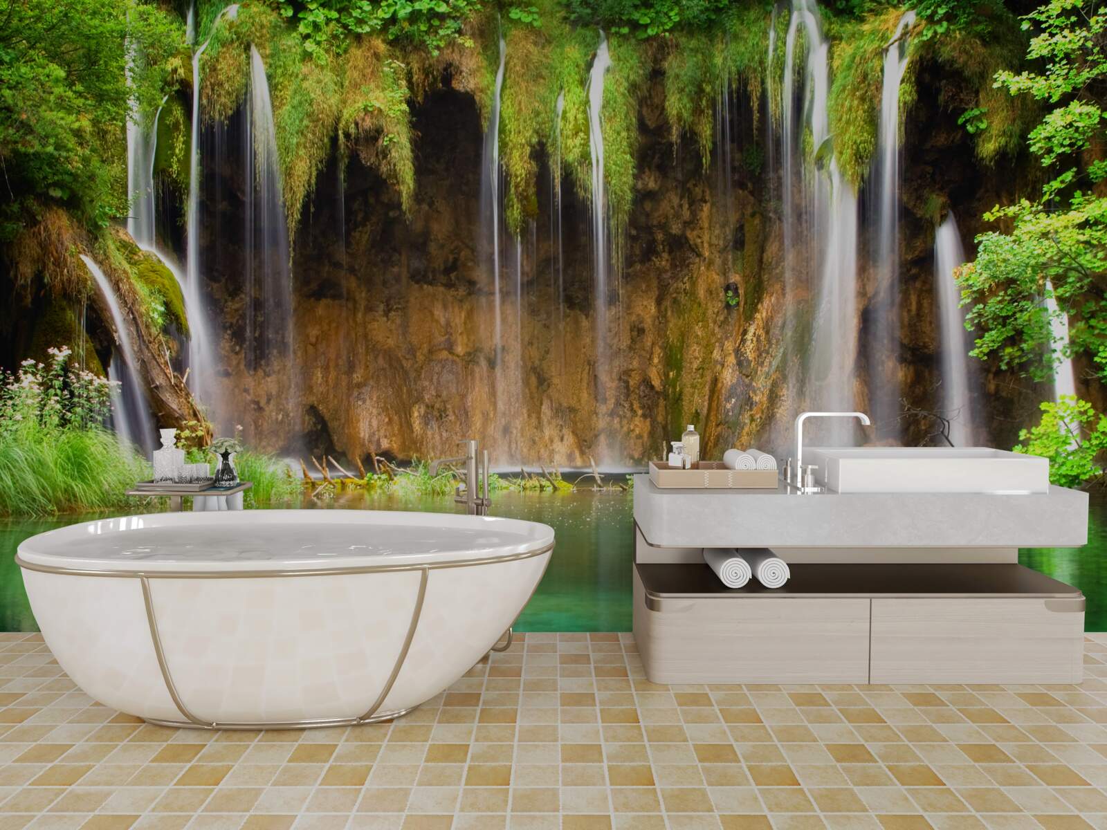 Fototapet o cascadă frumoasă în munți