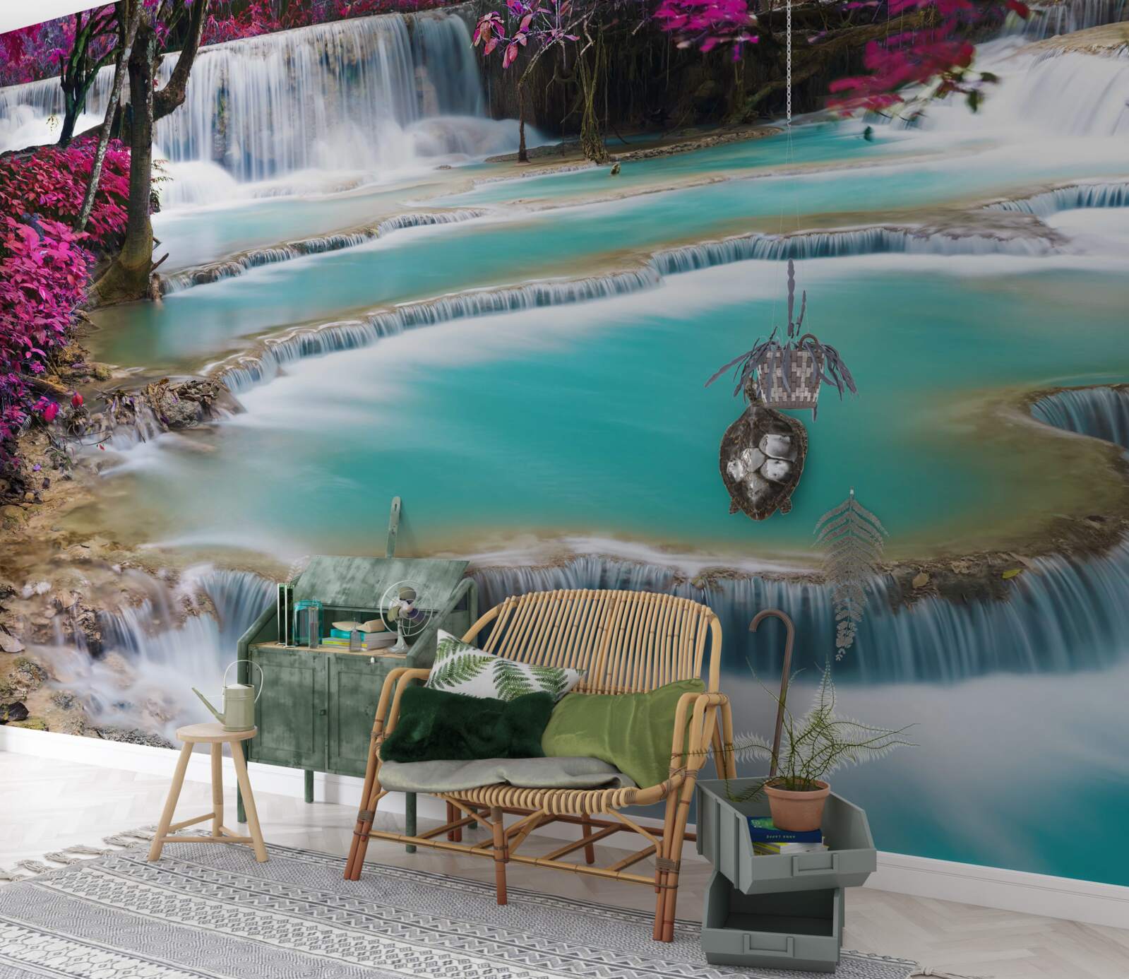 Fototapet copaci acoperiți cu flori de liliac lângă baza cascadei