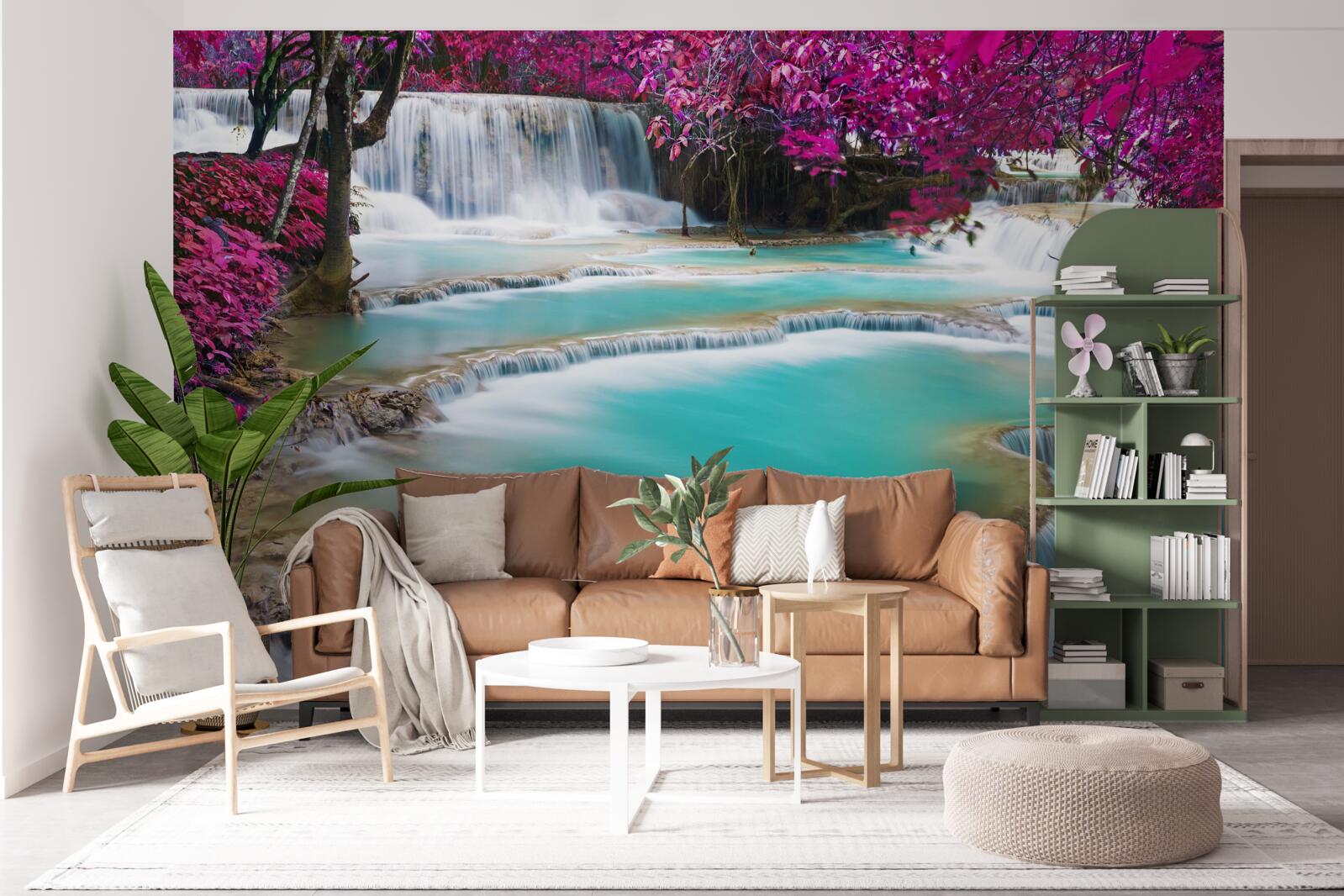 Fototapet copaci acoperiți cu flori de liliac lângă baza cascadei