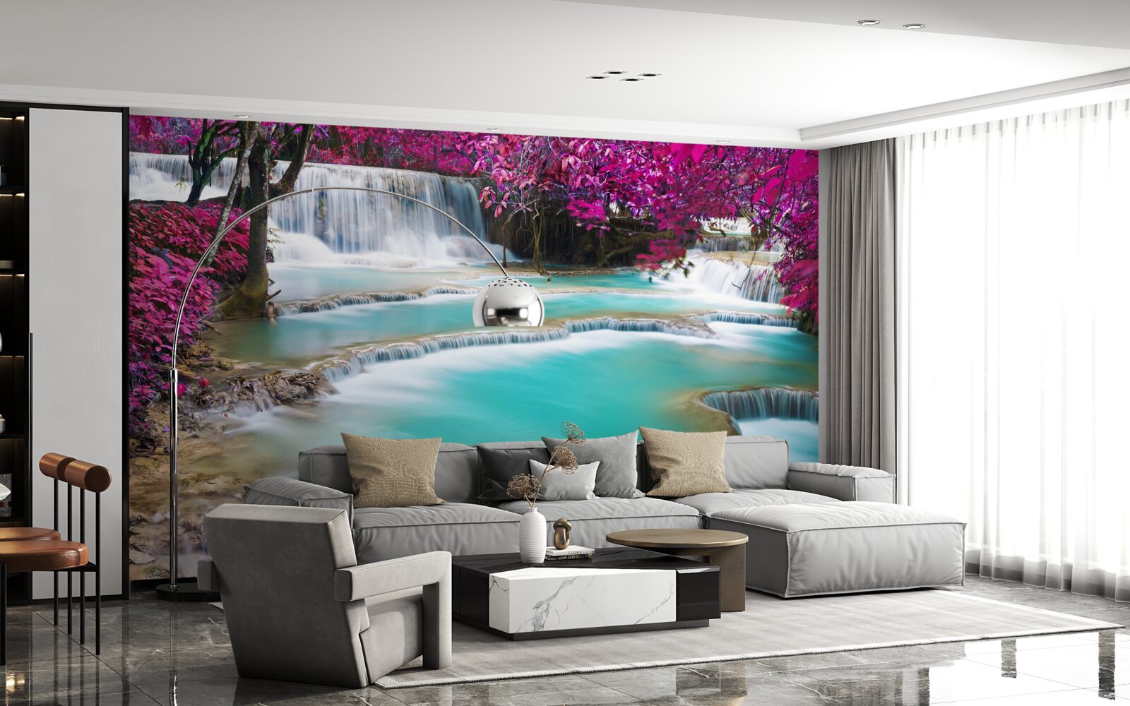 Fototapet copaci acoperiți cu flori de liliac lângă baza cascadei