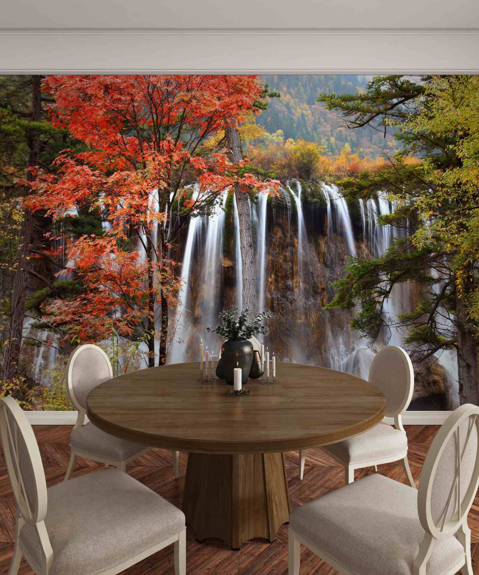 Fototapet pădure lângă o cascadă puternică în toamnă