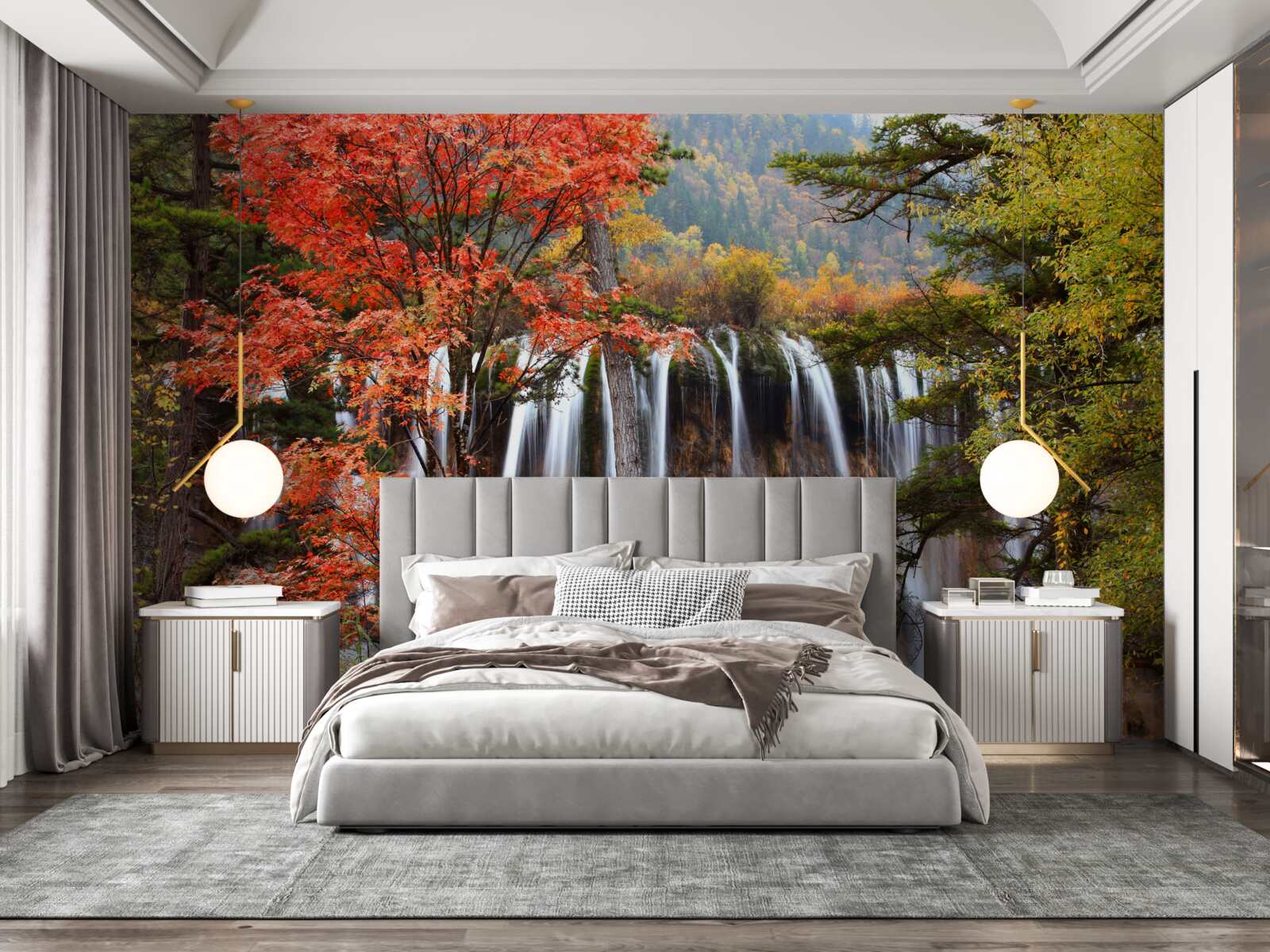 Fototapet pădure lângă o cascadă puternică în toamnă