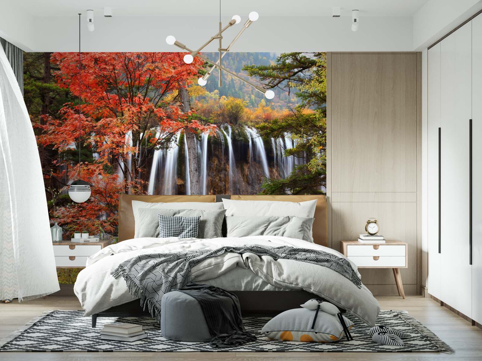 Fototapet pădure lângă o cascadă puternică în toamnă