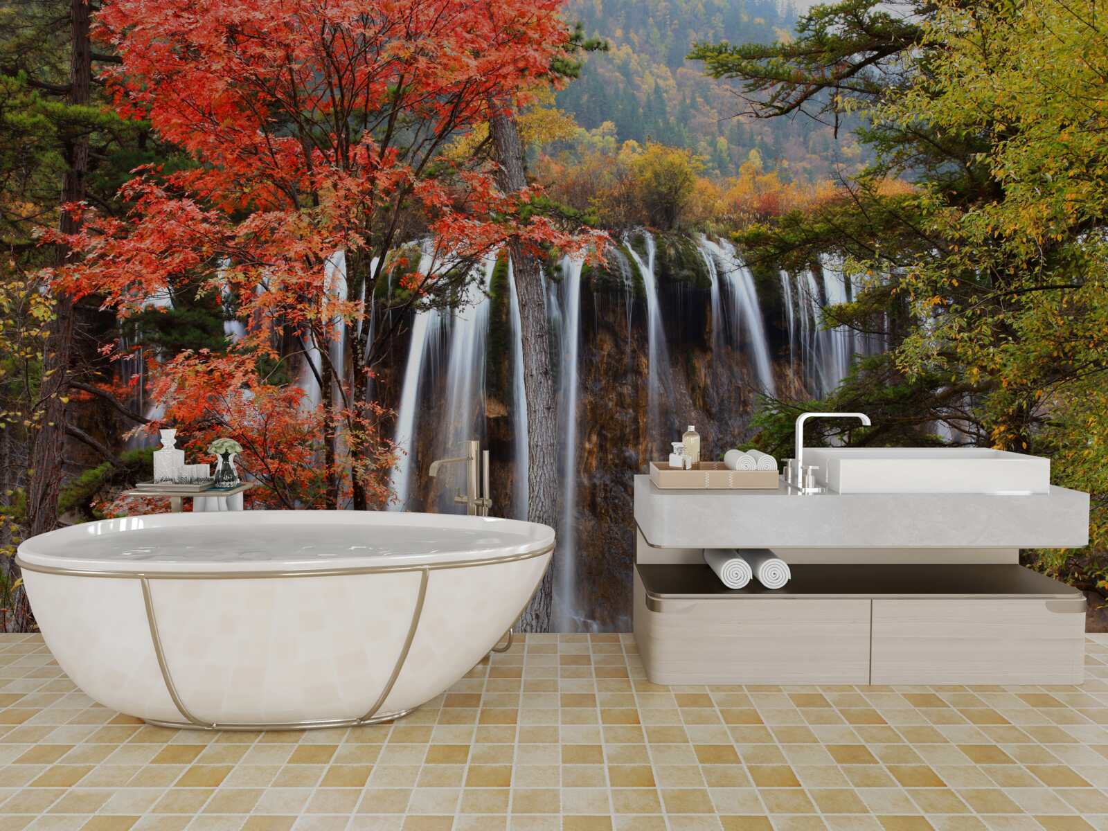 Fototapet pădure lângă o cascadă puternică în toamnă