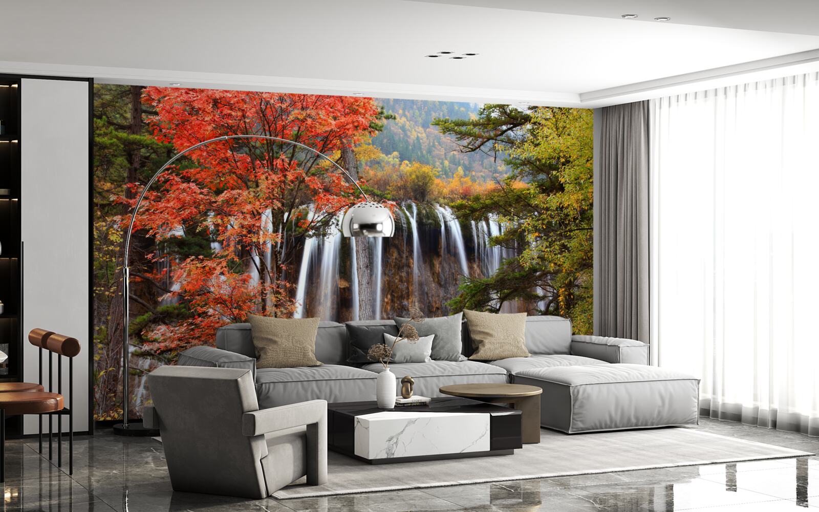 Fototapet pădure lângă o cascadă puternică în toamnă