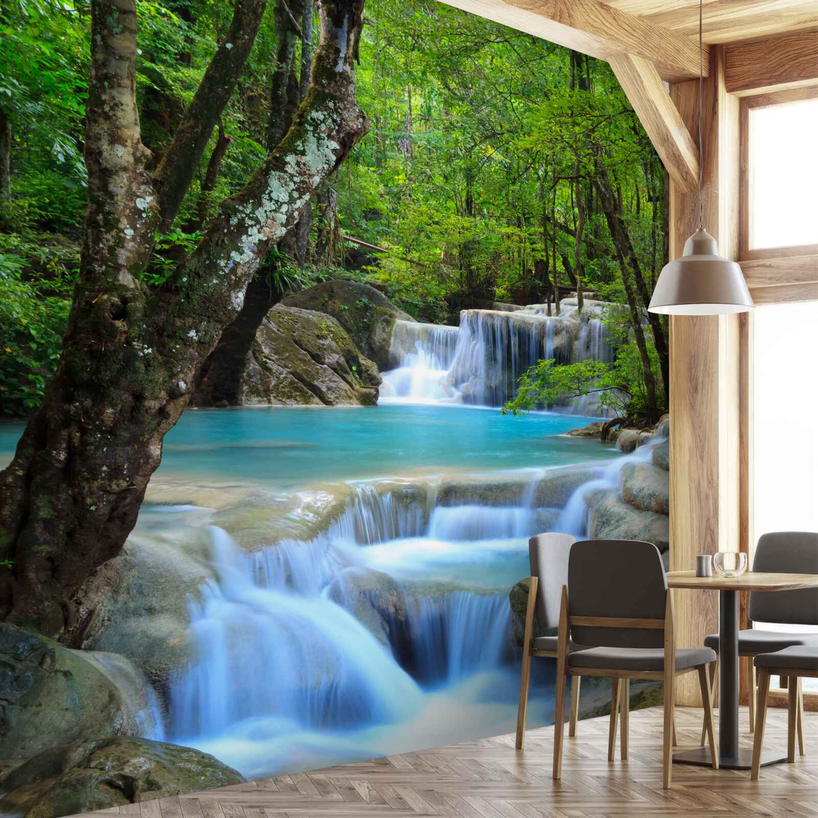 Fototapet apele cascadei din pădure sunt limpezi și albastre