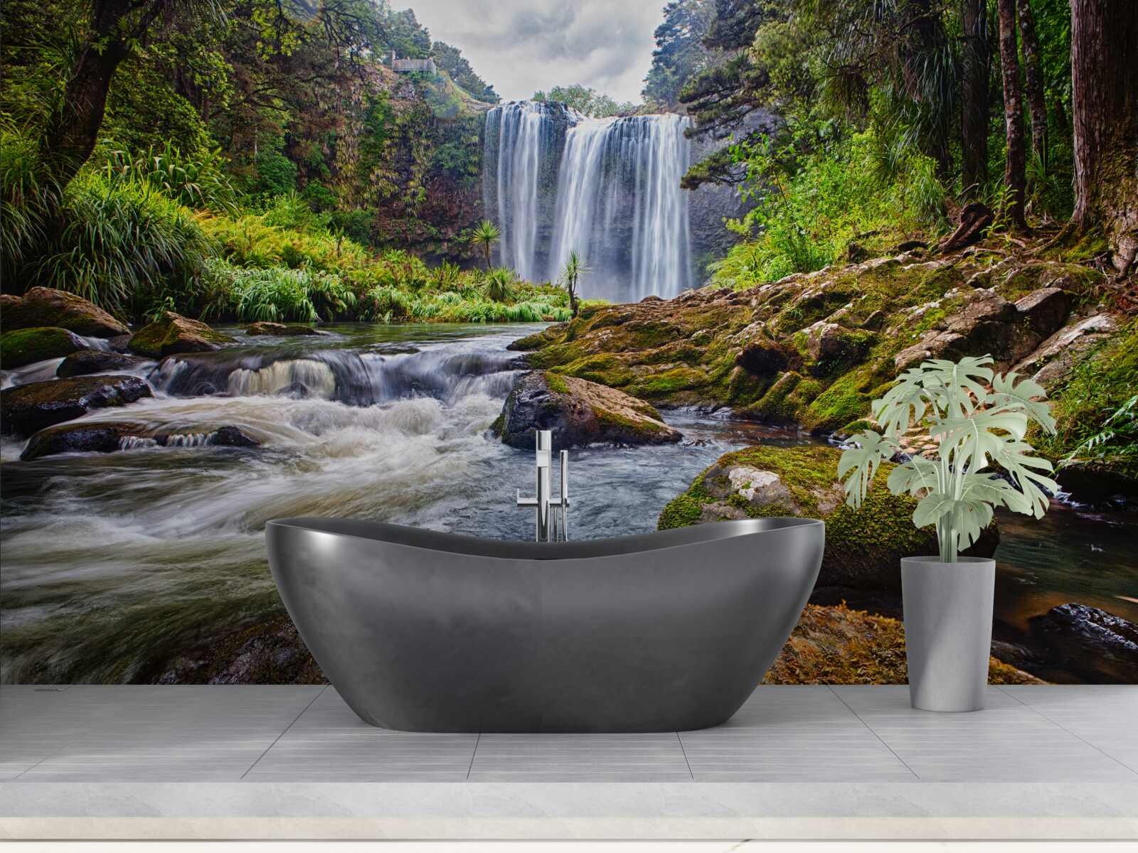 Fototapet sunetul puternic al unei cascade care cade din vârful unui munte