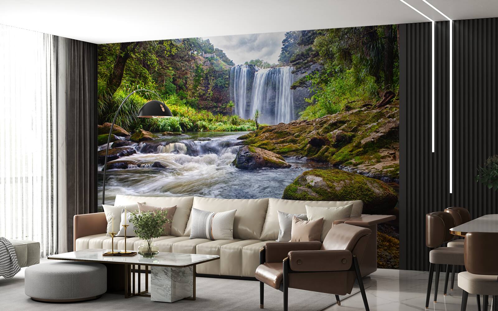 Fototapet sunetul puternic al unei cascade care cade din vârful unui munte