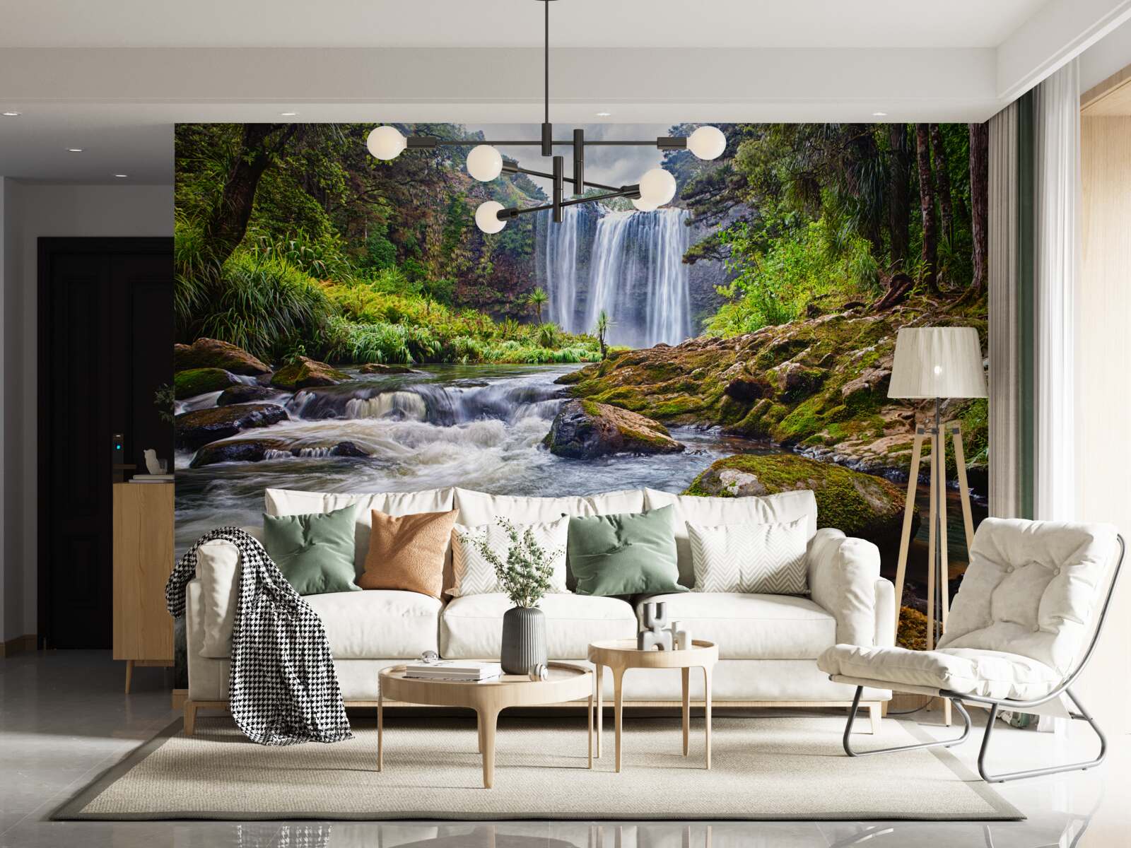 Fototapet sunetul puternic al unei cascade care cade din vârful unui munte