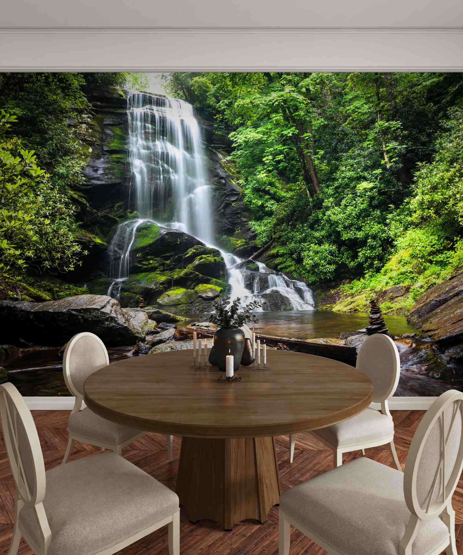 Fototapet apele cascadei de munte cad repede în pădure