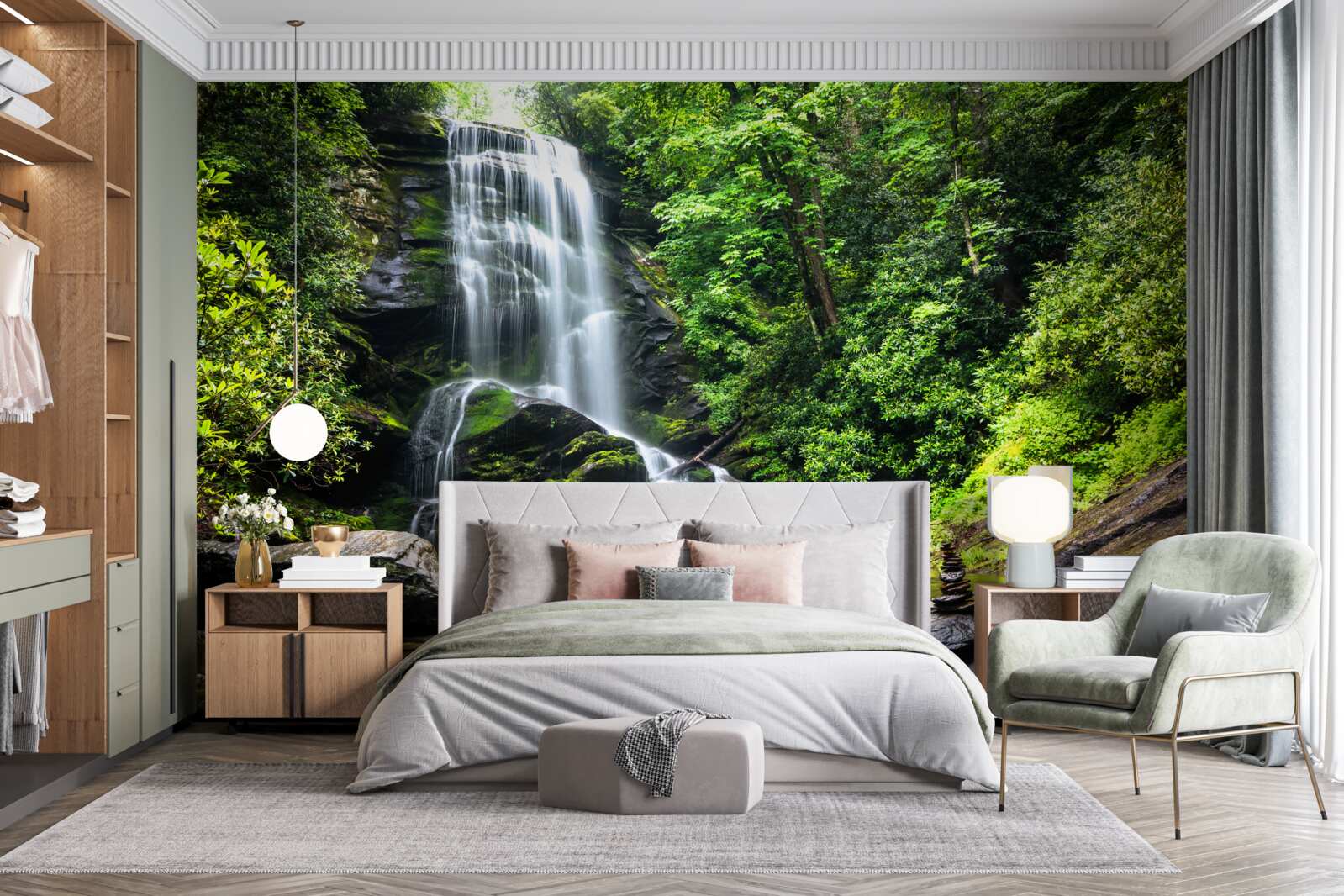 Fototapet apele cascadei de munte cad repede în pădure