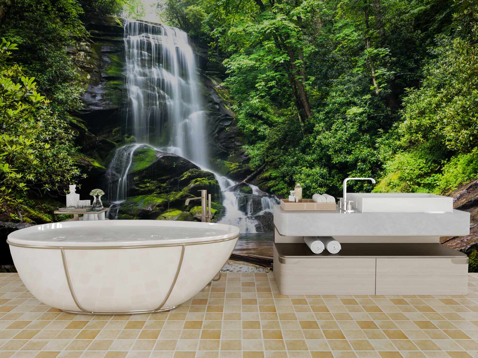 Fototapet apele cascadei de munte cad repede în pădure