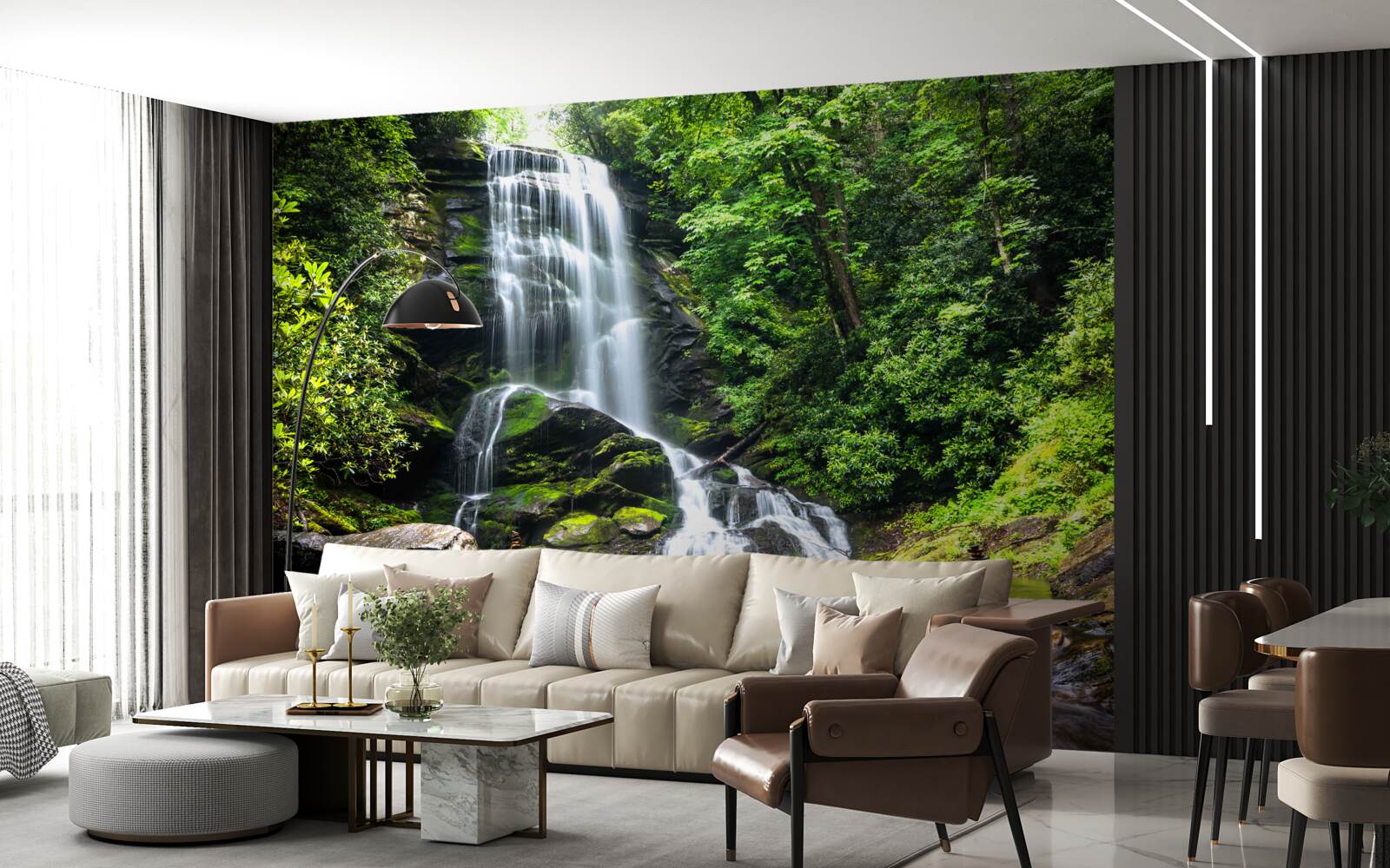 Fototapet apele cascadei de munte cad repede în pădure