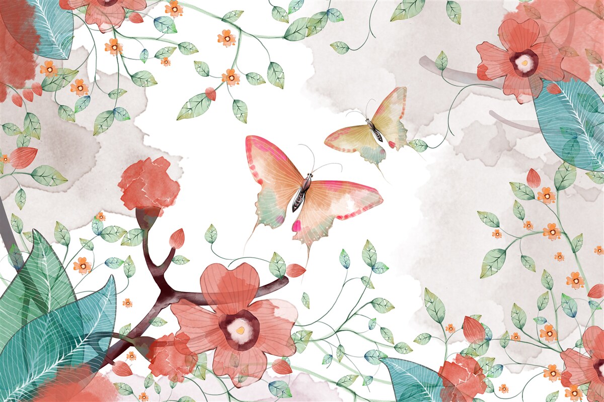 Fototapet flori și fluturi pictați în acuarelă