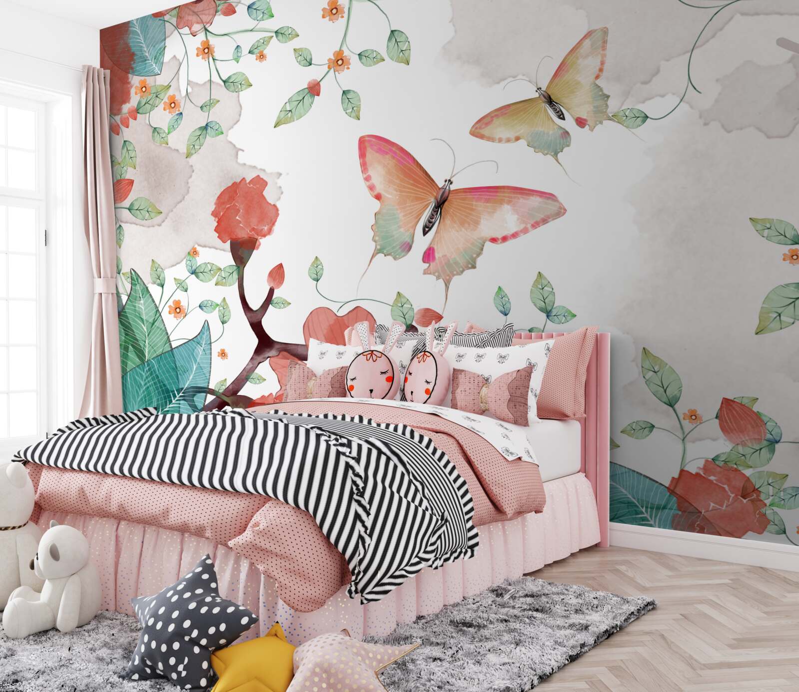 Fototapet flori și fluturi pictați în acuarelă