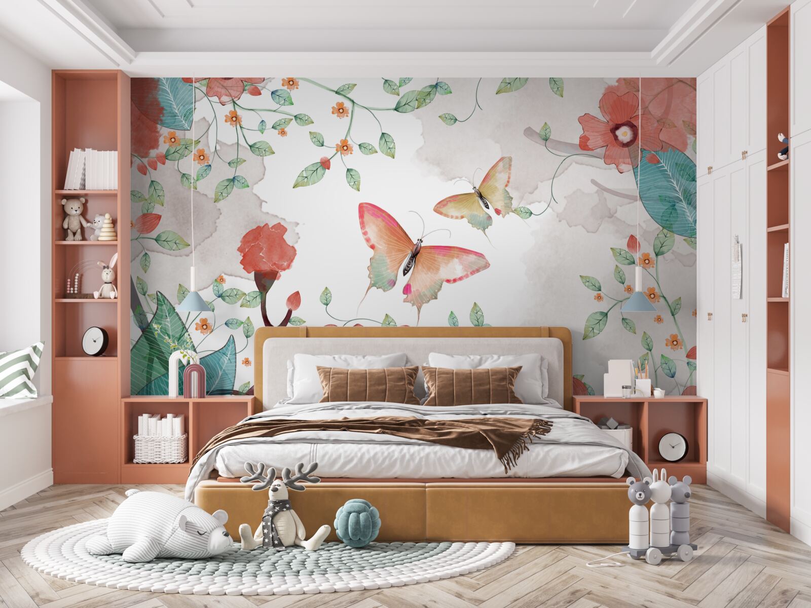 Fototapet flori și fluturi pictați în acuarelă