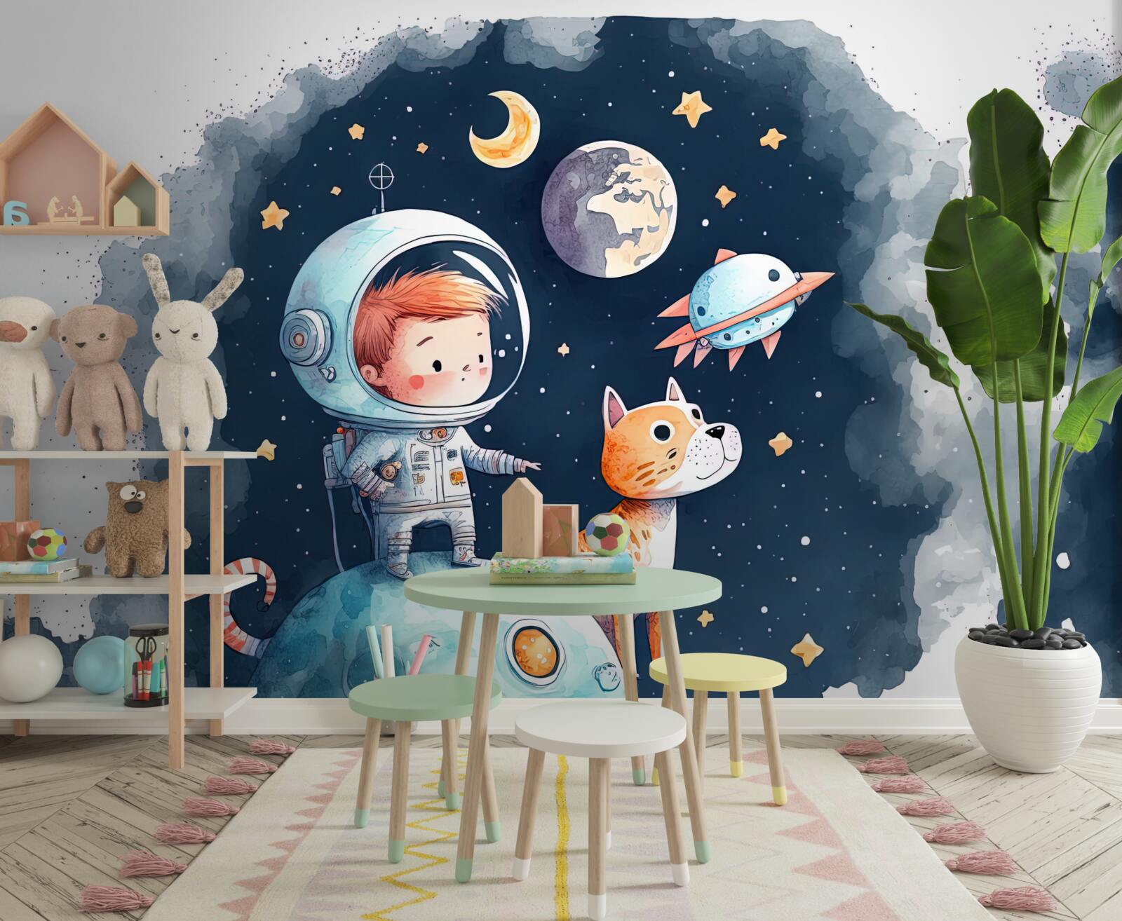 Fototapet băiat cu câine în spațiu