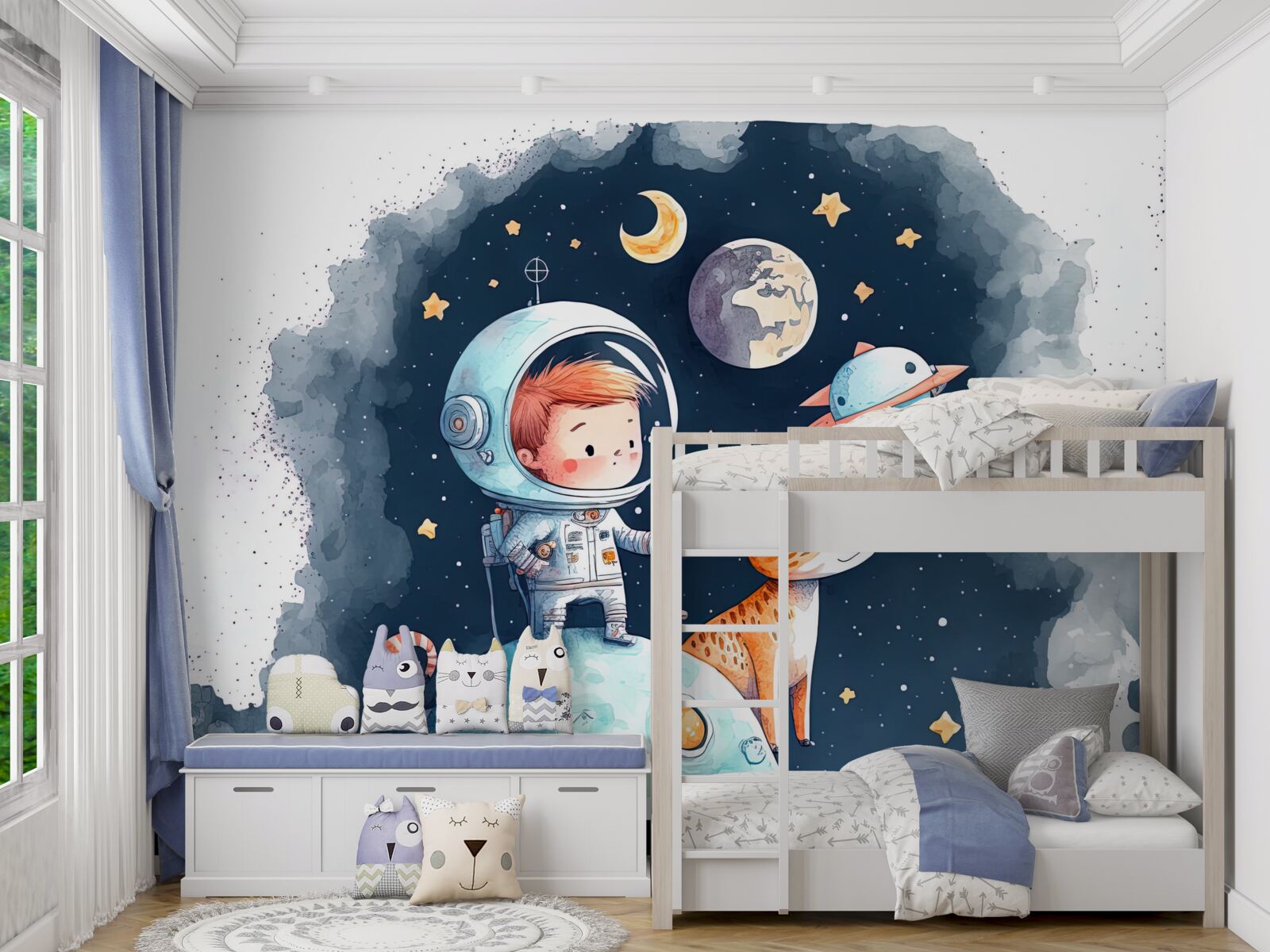 Fototapet băiat cu câine în spațiu