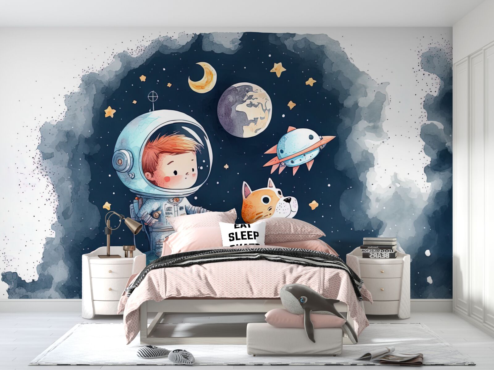 Fototapet băiat cu câine în spațiu