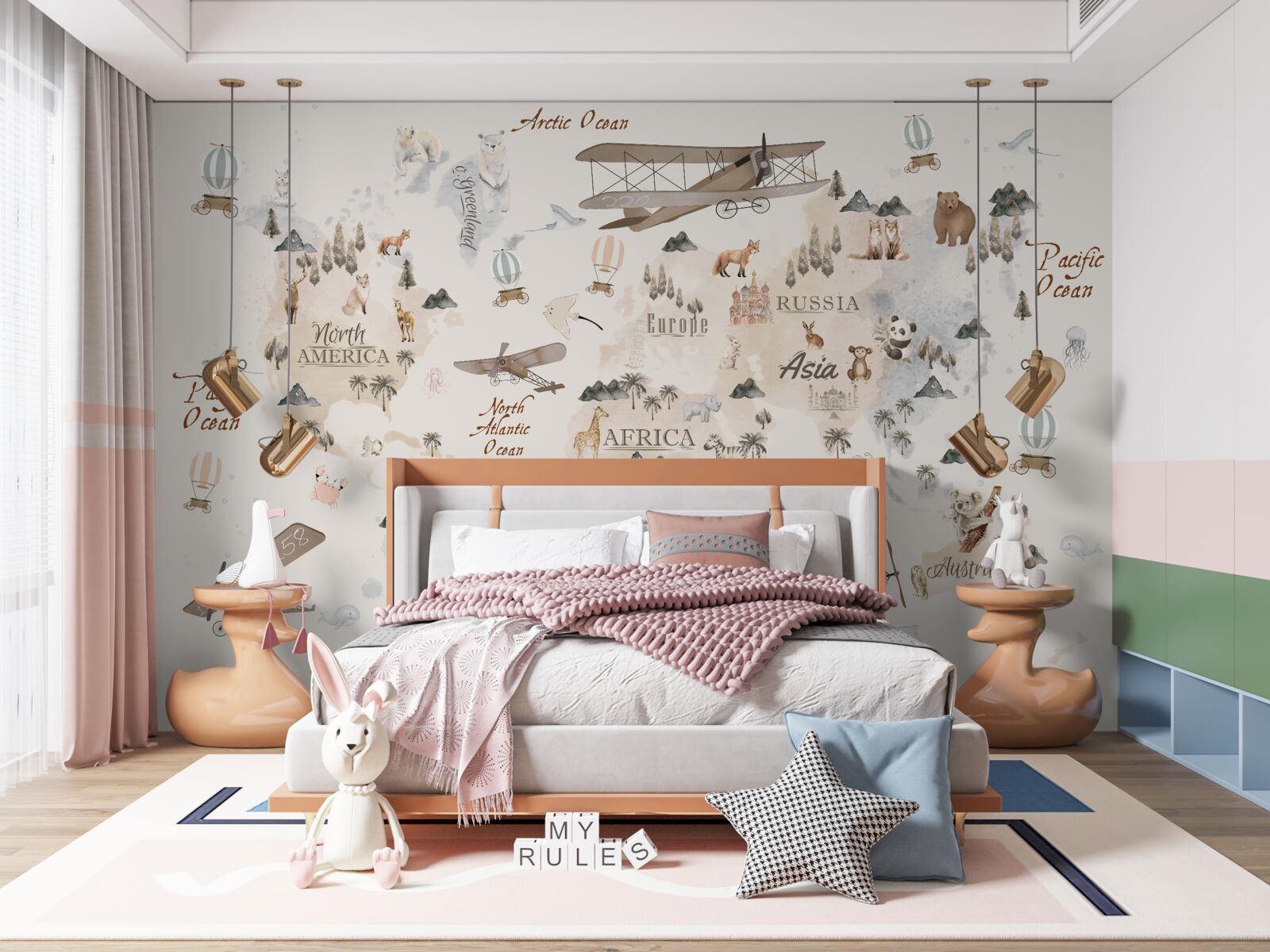 Fototapet hartă a lumii cu imagini ale diferitelor animale și mijloace de transport