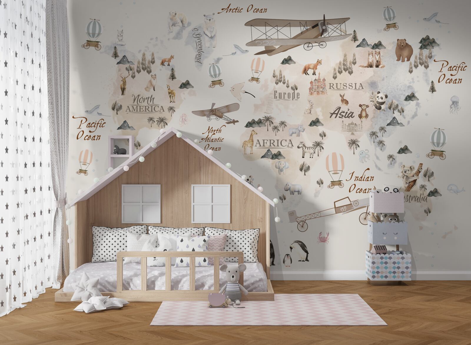 Fototapet hartă a lumii cu imagini ale diferitelor animale și mijloace de transport