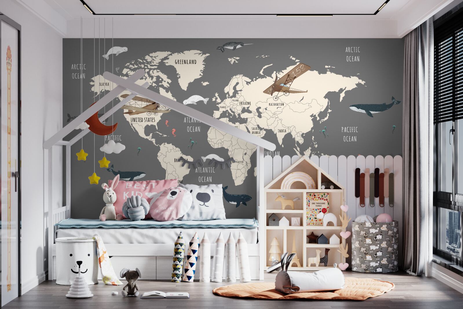 Fototapet hartă a lumii cu viața marină