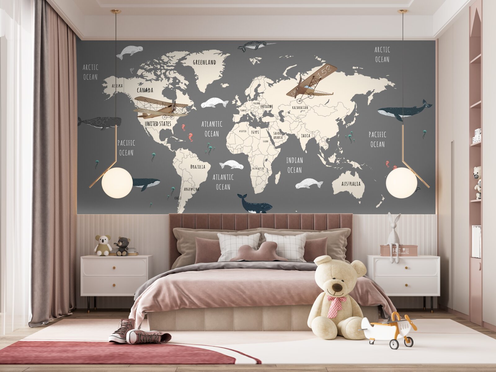 Fototapet hartă a lumii cu viața marină