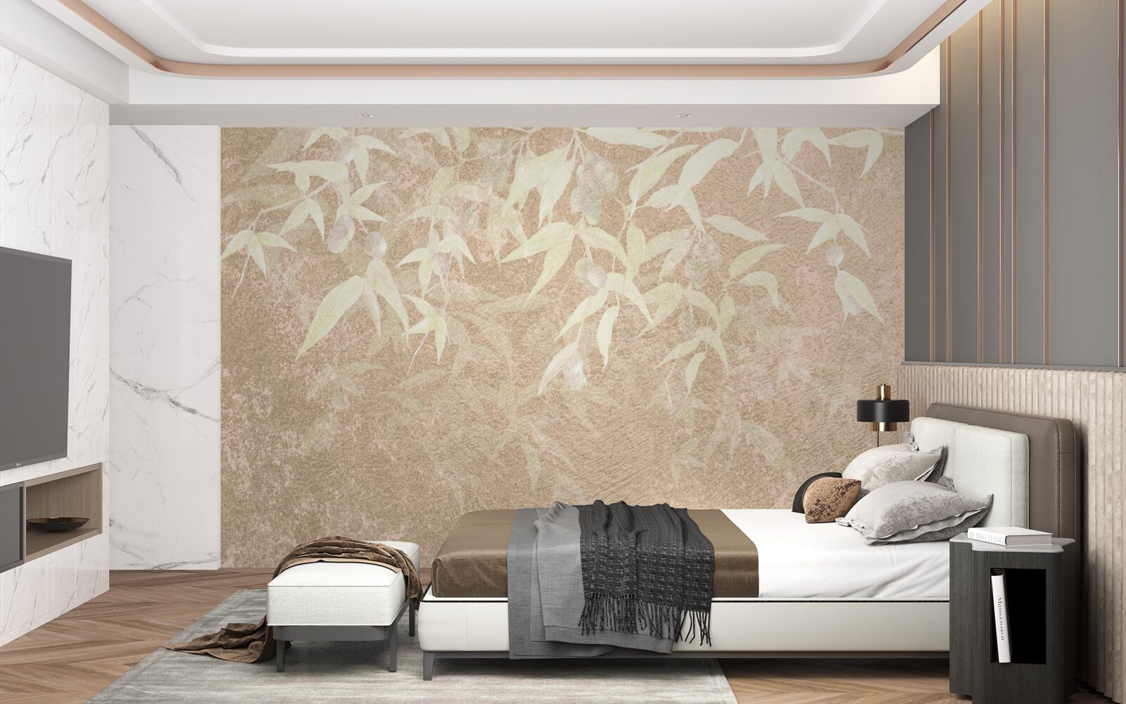 Fototapet fundal maro decorat cu frunze