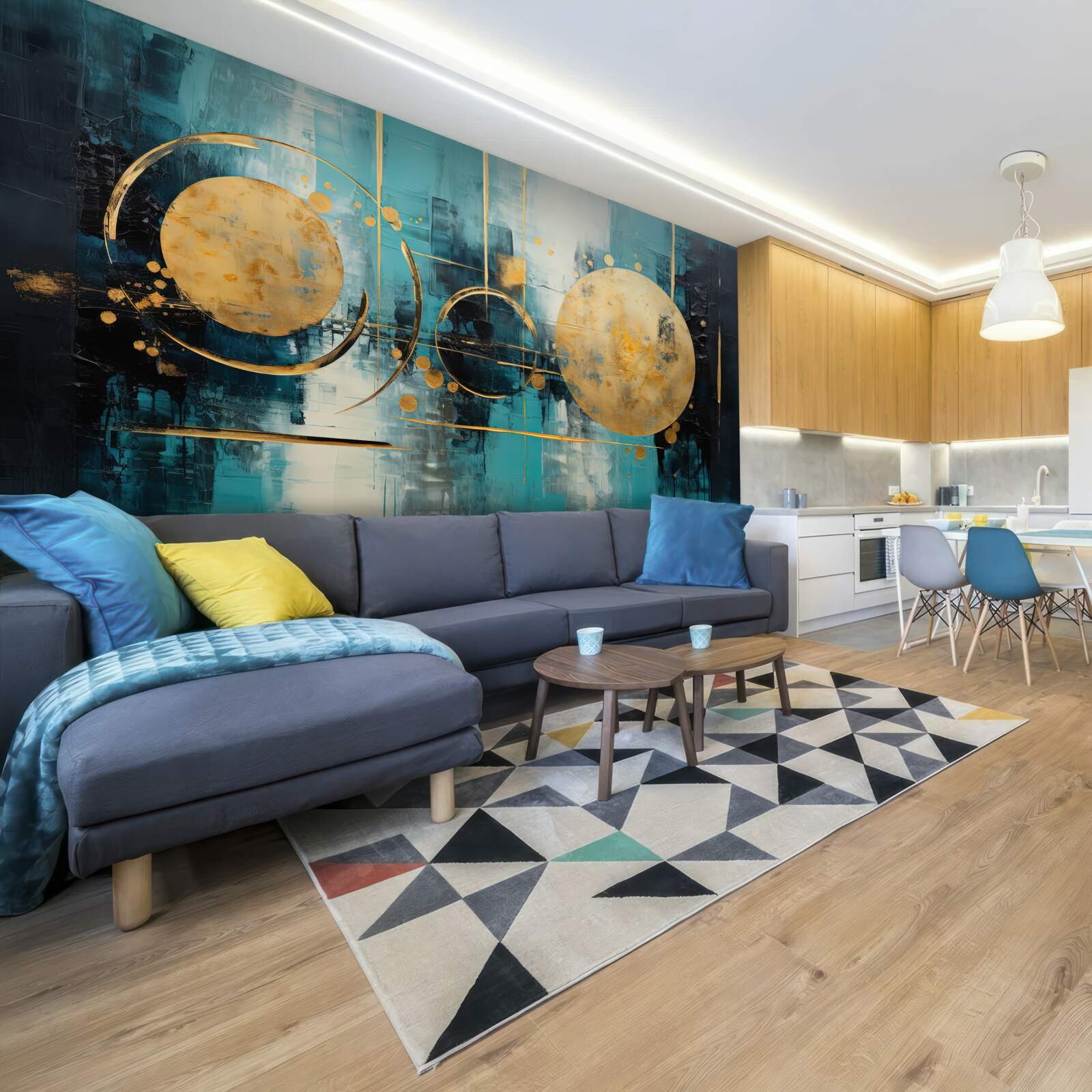 Fototapet abstract în nuanțe de auriu și turcoaz