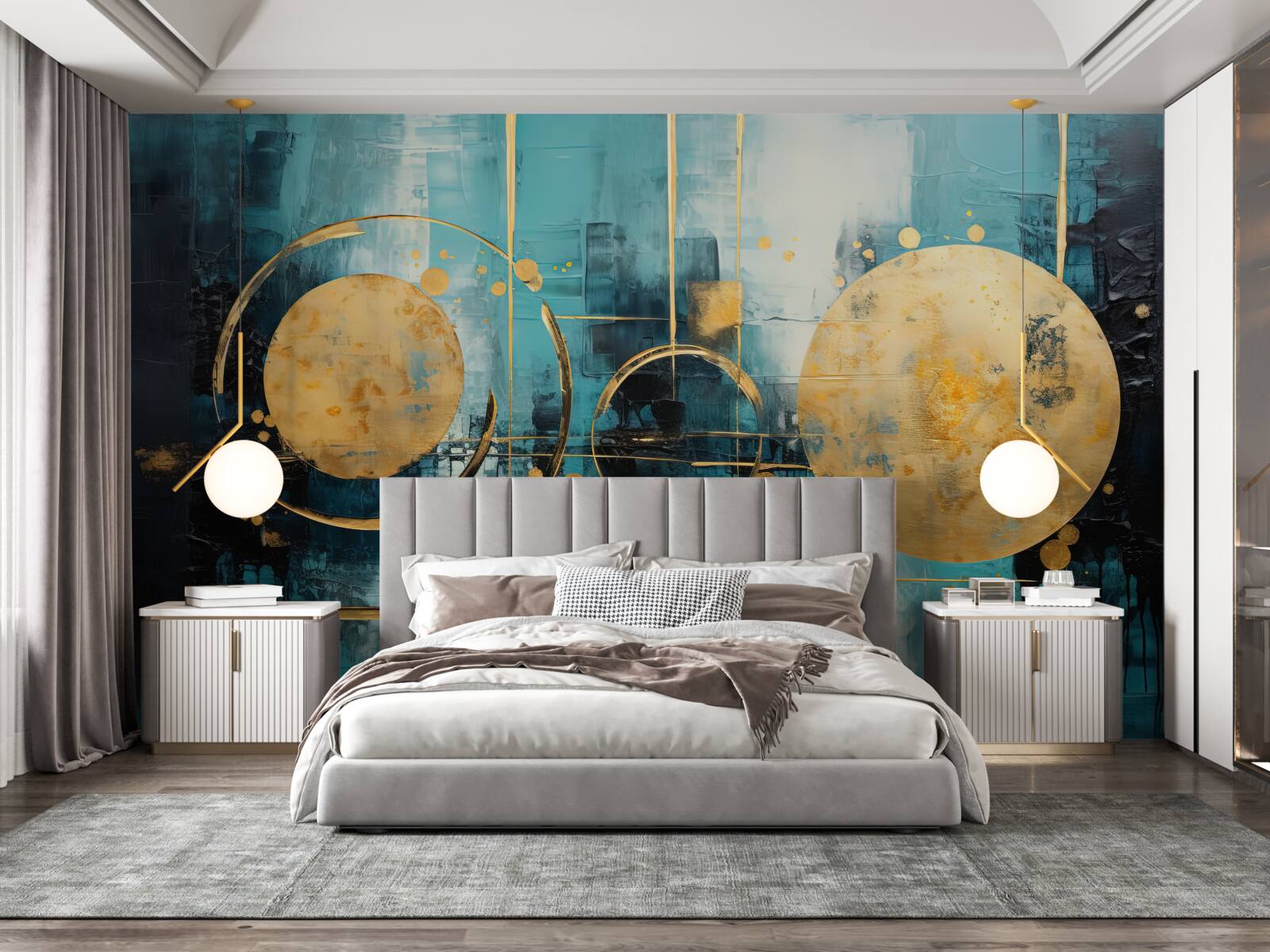 Fototapet abstract în nuanțe de auriu și turcoaz