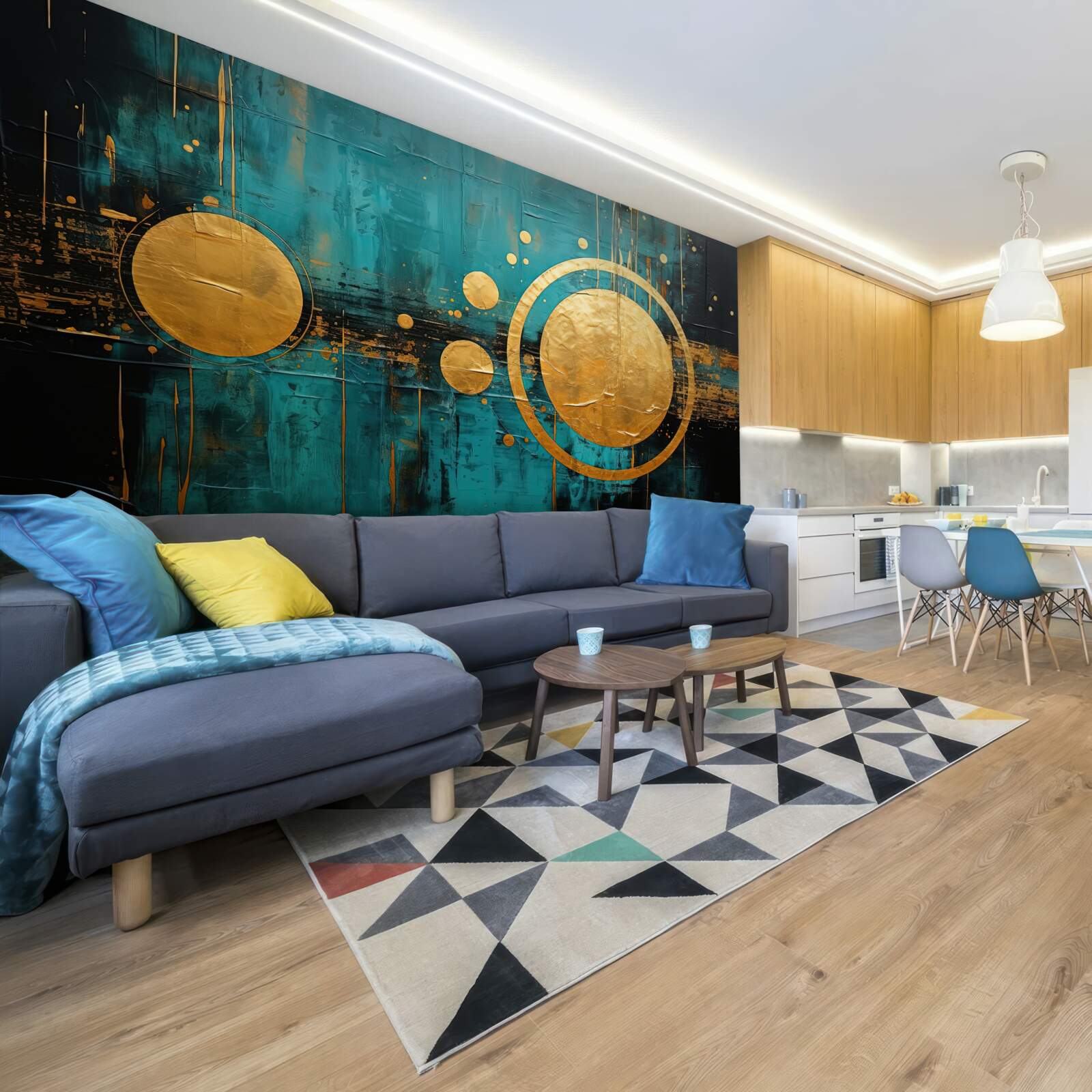 Fototapet fundal turcoaz cu cercuri aurii