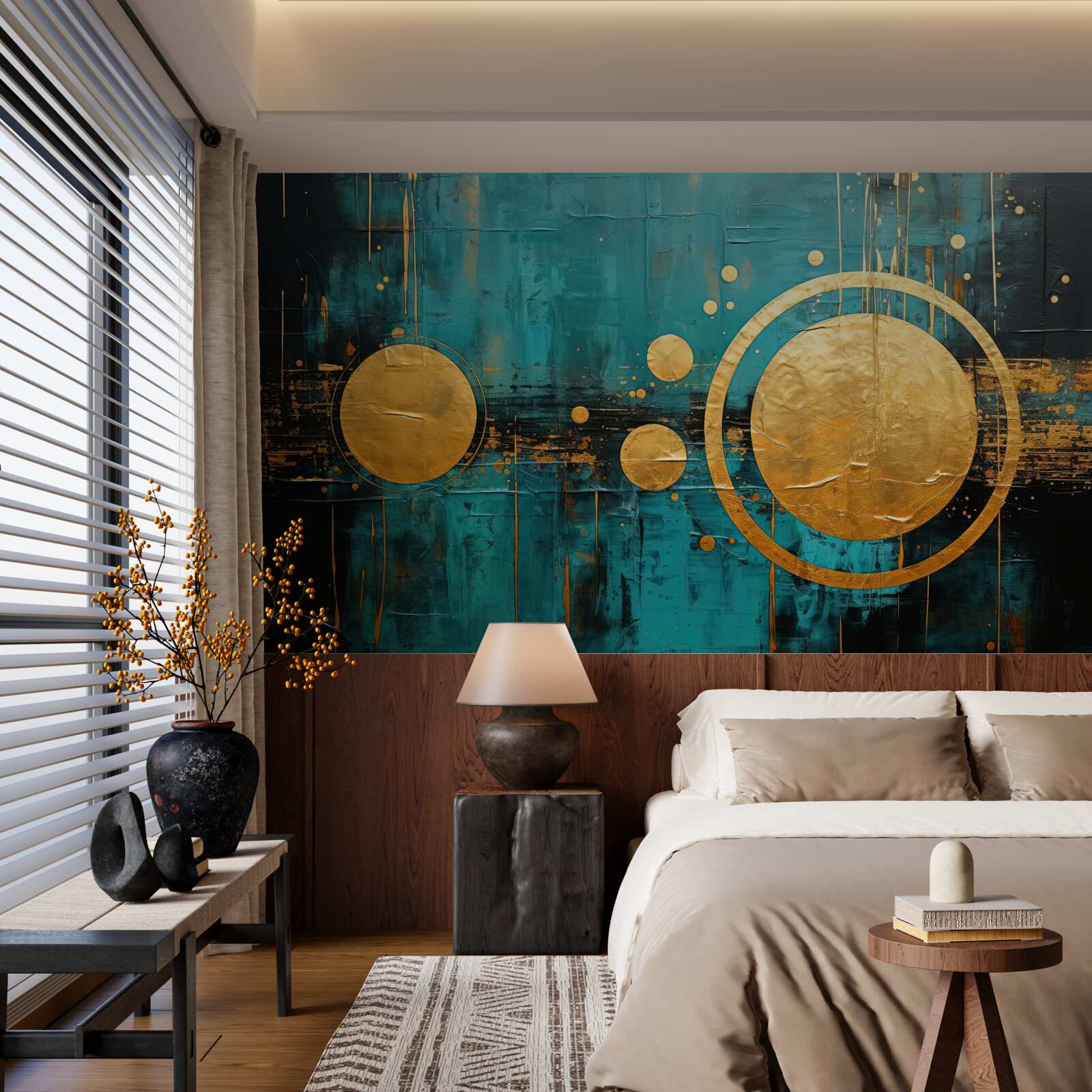 Fototapet fundal turcoaz cu cercuri aurii