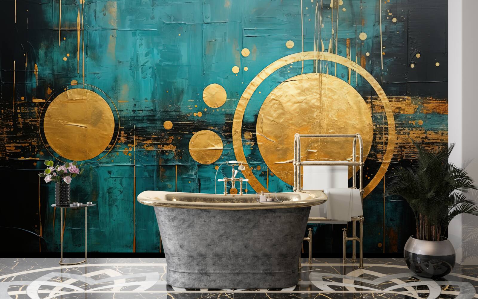 Fototapet fundal turcoaz cu cercuri aurii