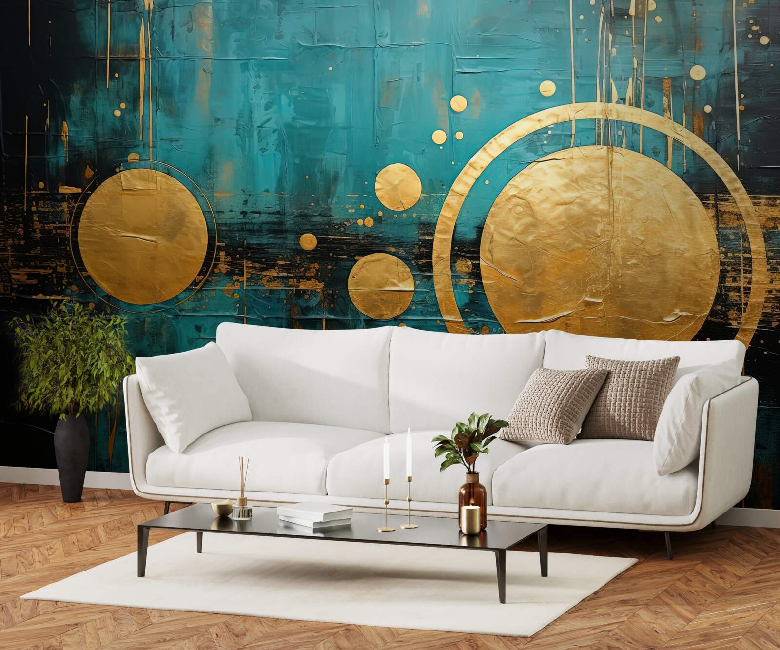 Fototapet fundal turcoaz cu cercuri aurii