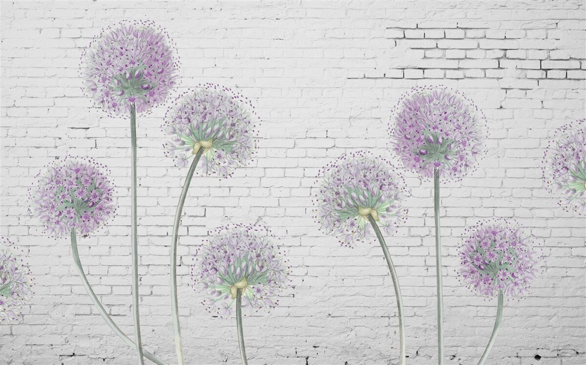 Fototapet flori mari de păpădie pe un perete de cărămidă