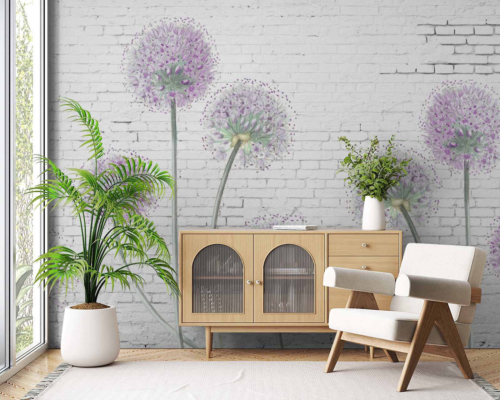 Fototapet flori mari de păpădie pe un perete de cărămidă