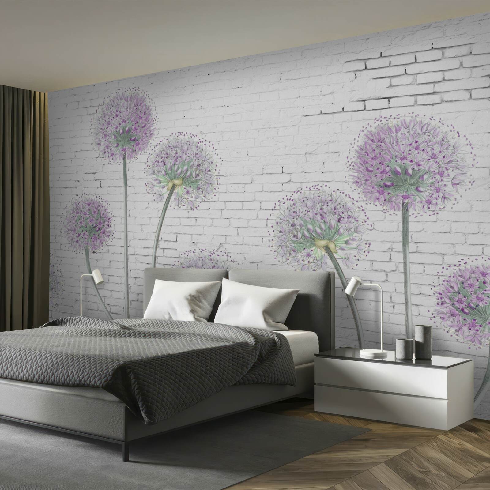 Fototapet flori mari de păpădie pe un perete de cărămidă