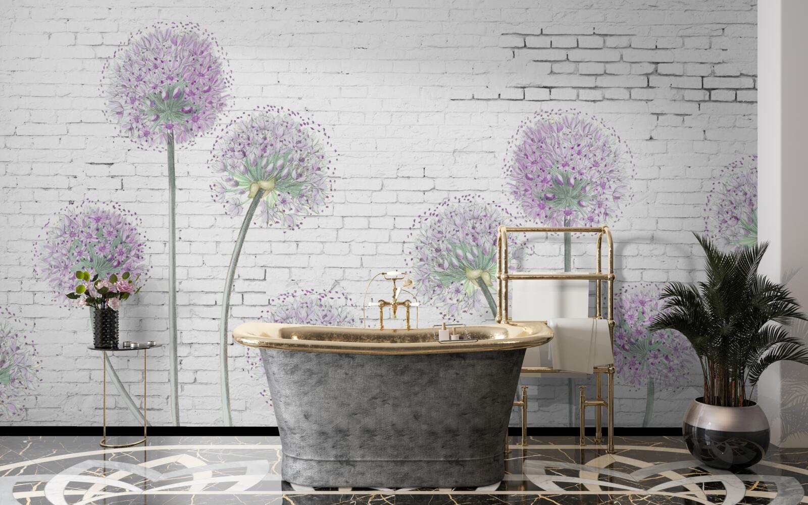 Fototapet flori mari de păpădie pe un perete de cărămidă