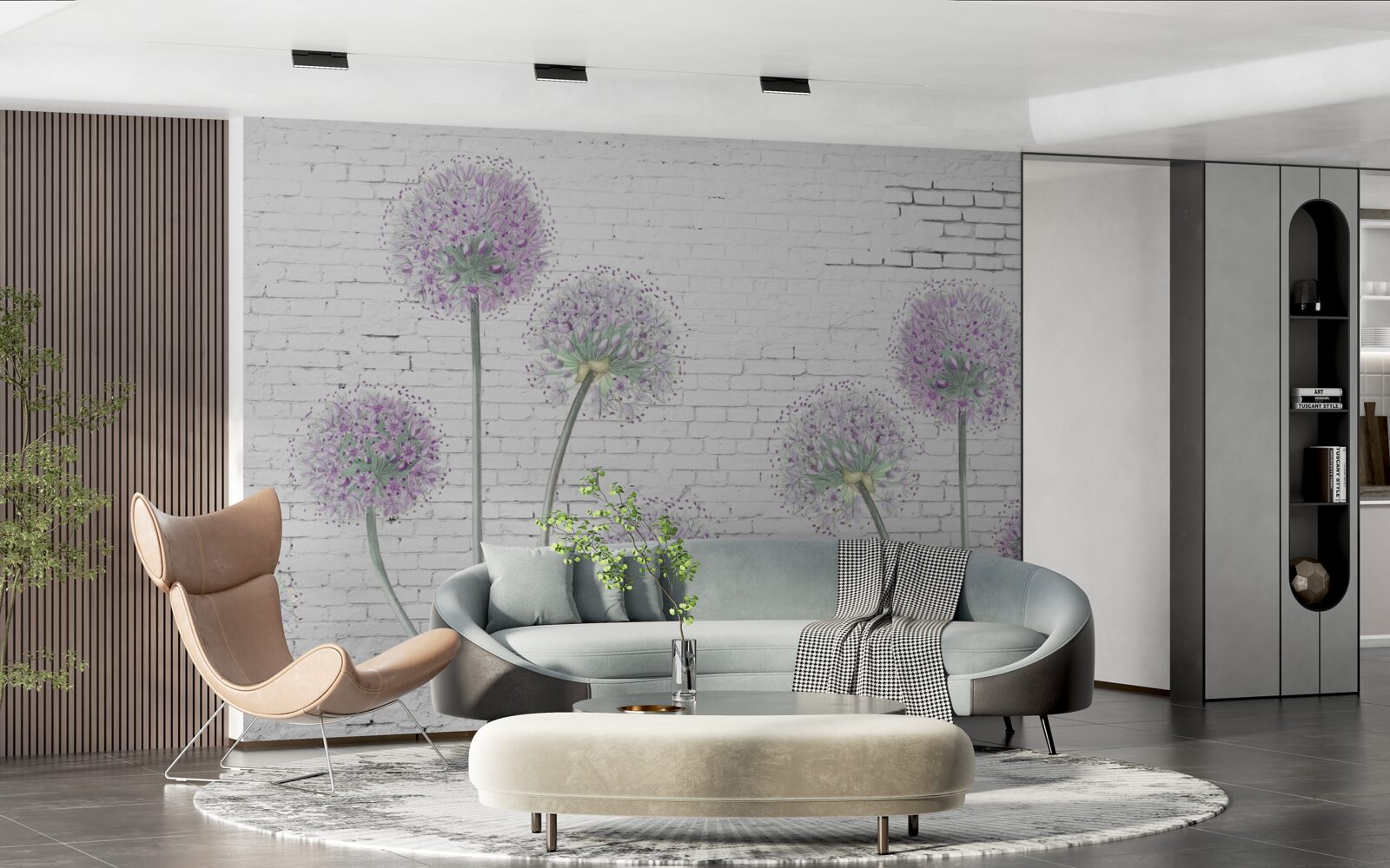 Fototapet flori mari de păpădie pe un perete de cărămidă