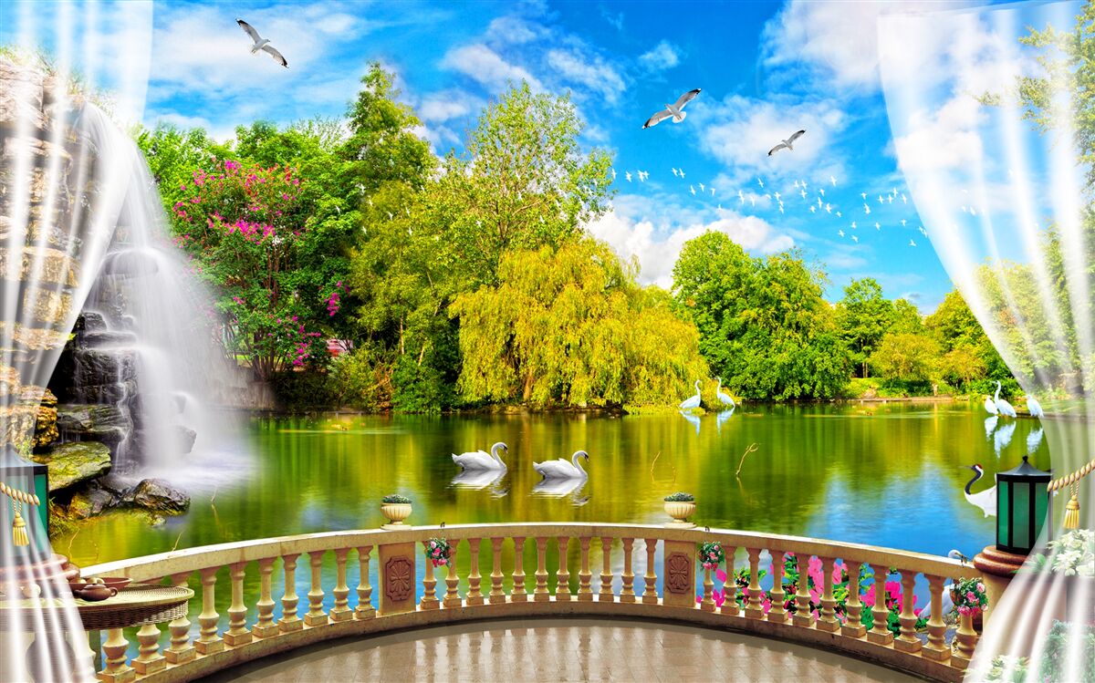 Fototapet terasă cu o vedere frumoasă la Lacul Lebedelor