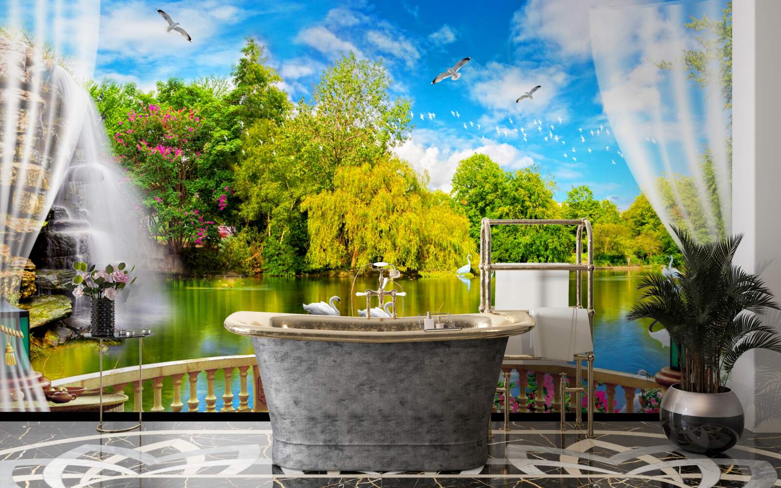 Fototapet terasă cu o vedere frumoasă la Lacul Lebedelor