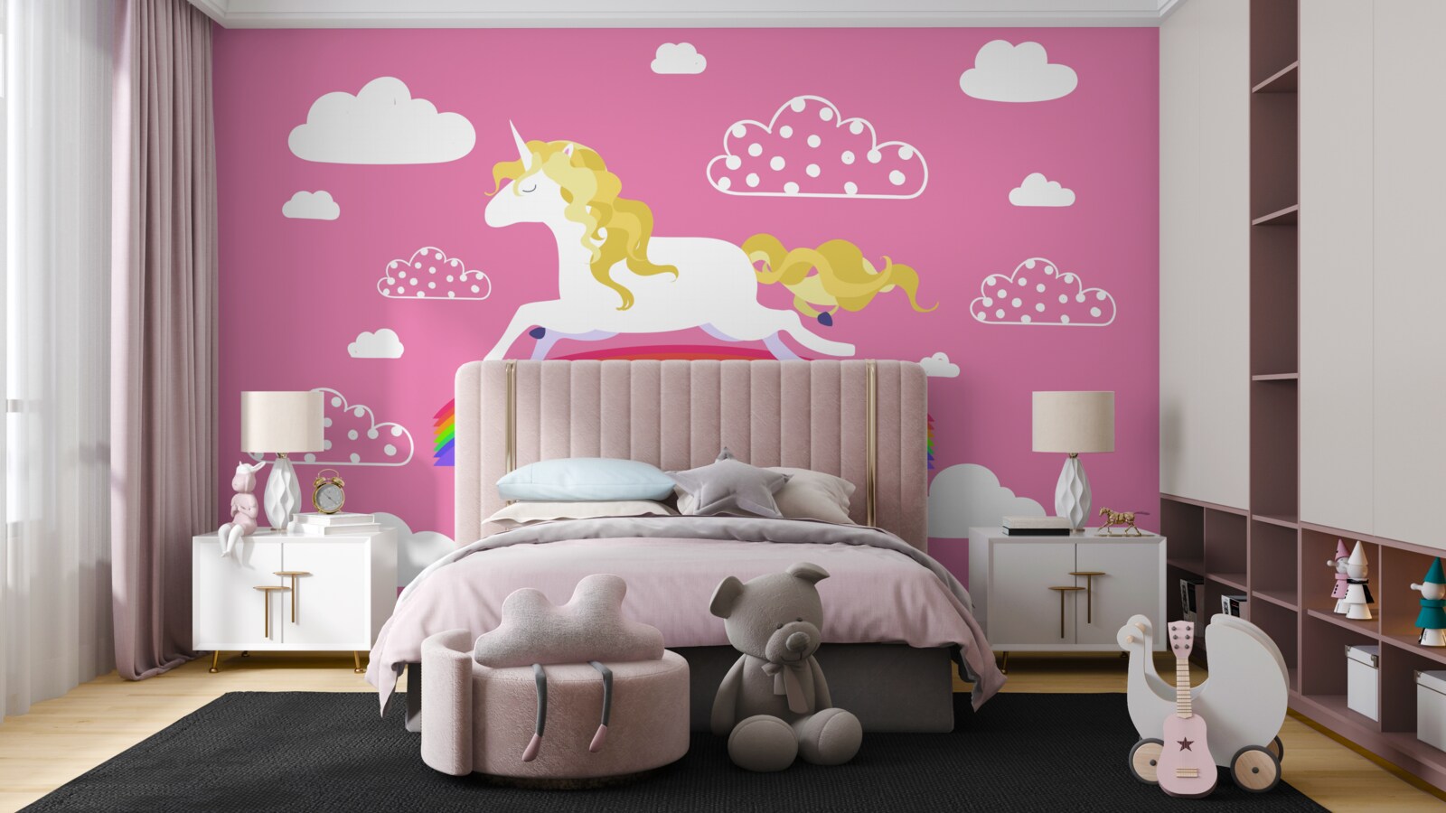 Fototapet cursa unicorn pe un arc de curcubeu