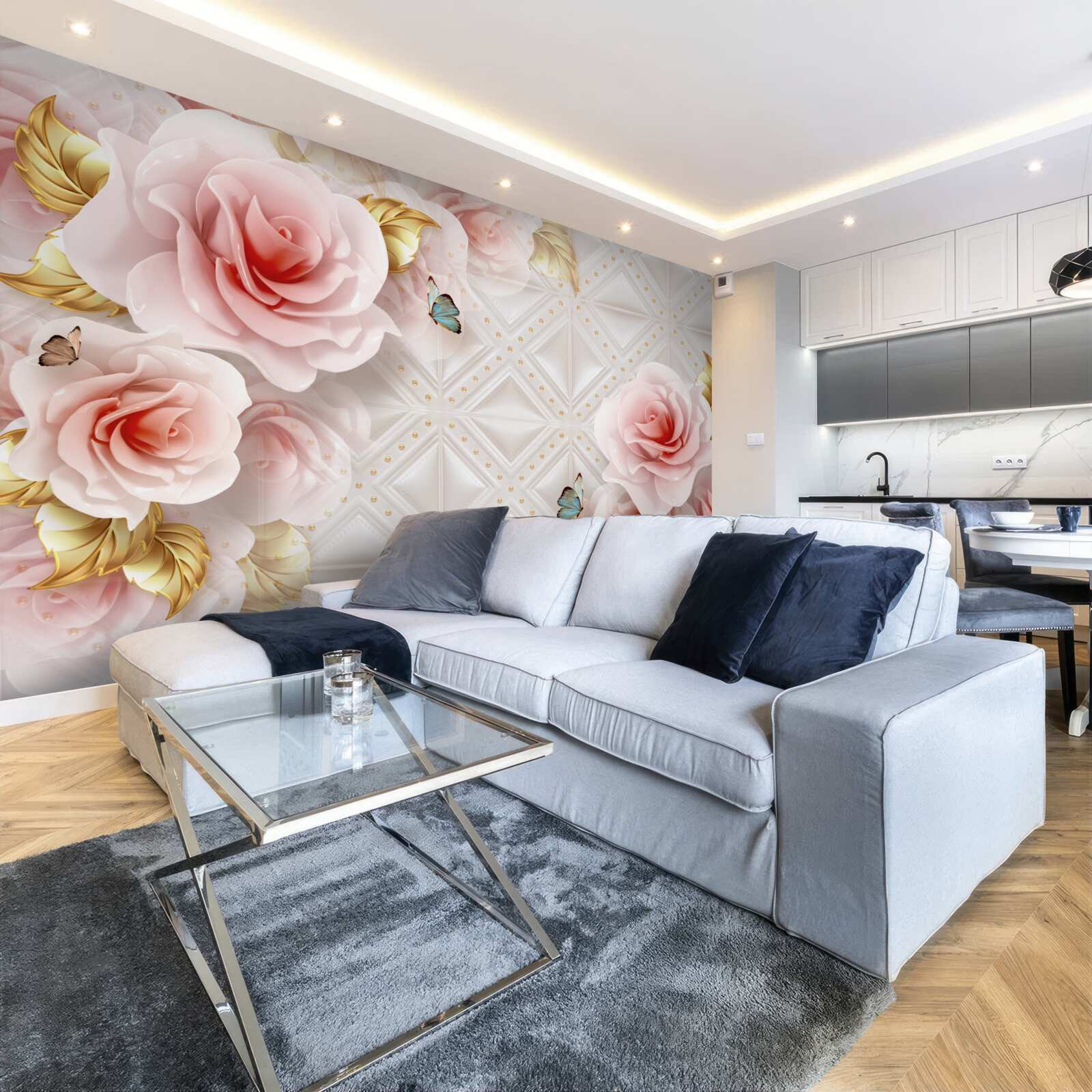 Fototapet trandafirul roz strălucitor își dezvăluie mugurii luxurianți